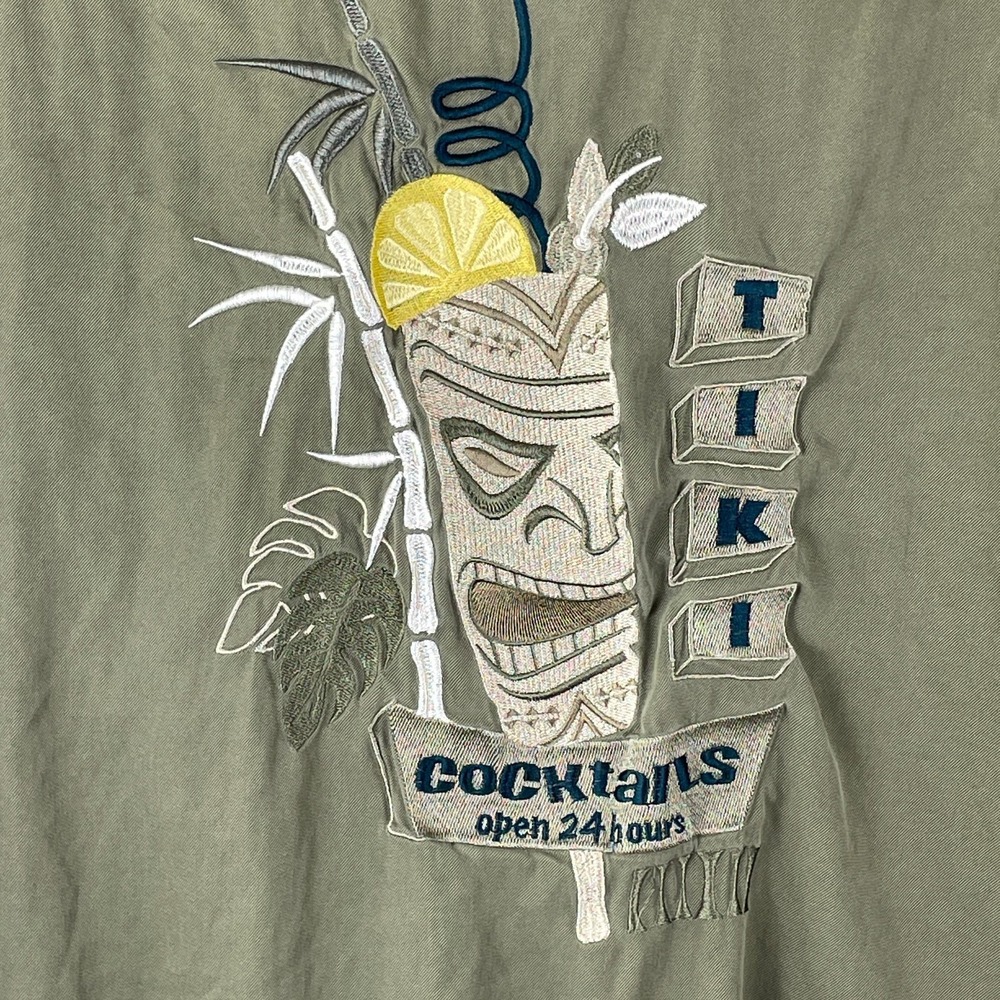Caribbean Shirt Mens 2XL Green Silk Cotton Tiki Embroidered Tropical Cocktail